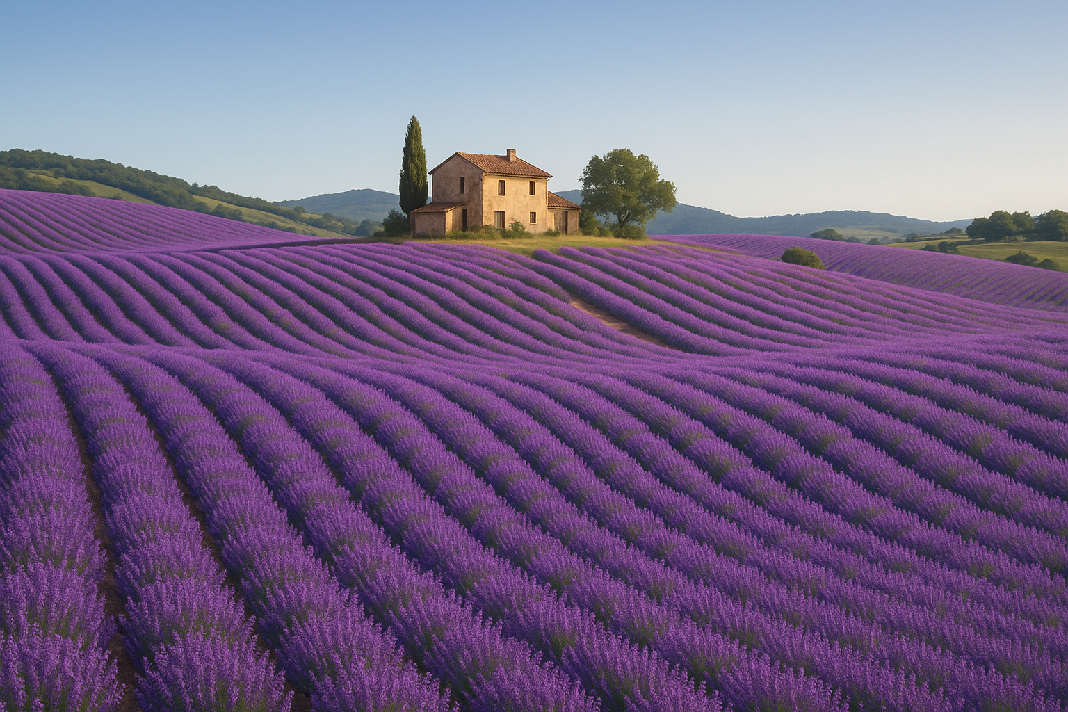 Lavendel Wiese mit einem Kleinen bauerhaus in der ferne